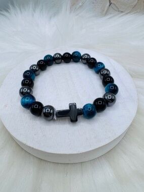 Tiger Eye mix, Blue and Black Beaded Cross Bracelet -